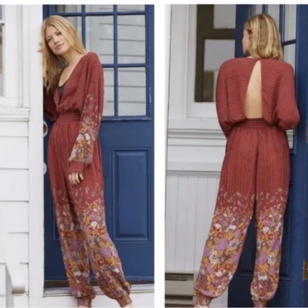 Anthropologie Jumpsuit Women’s XS Red Breezy Open Back Boho Floral Long Sleeve
